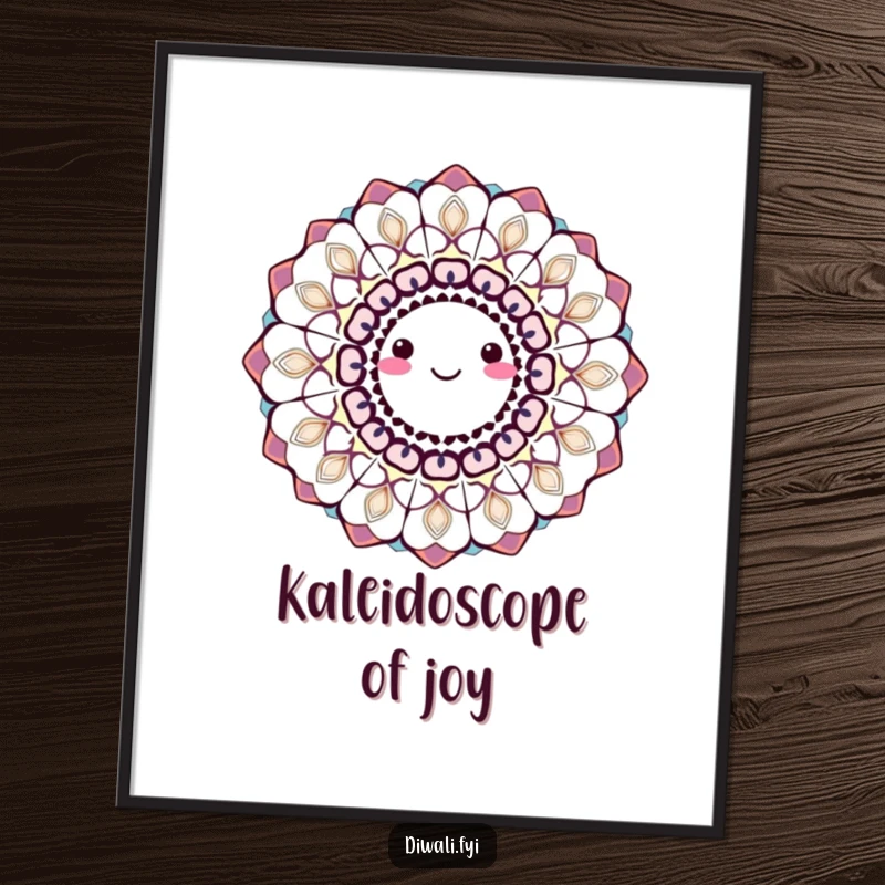 A smiling, spinning rangoli pattern in bright, festive colors, humorously depicted in a digital art print, ready for download.