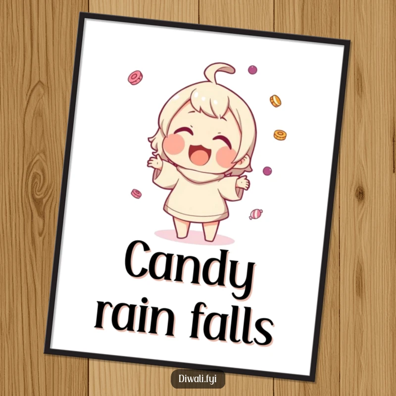 Funny digital art print of a character gleefully tossing small sweets, smiling widely, symbolizing joy and sweet celebrations.