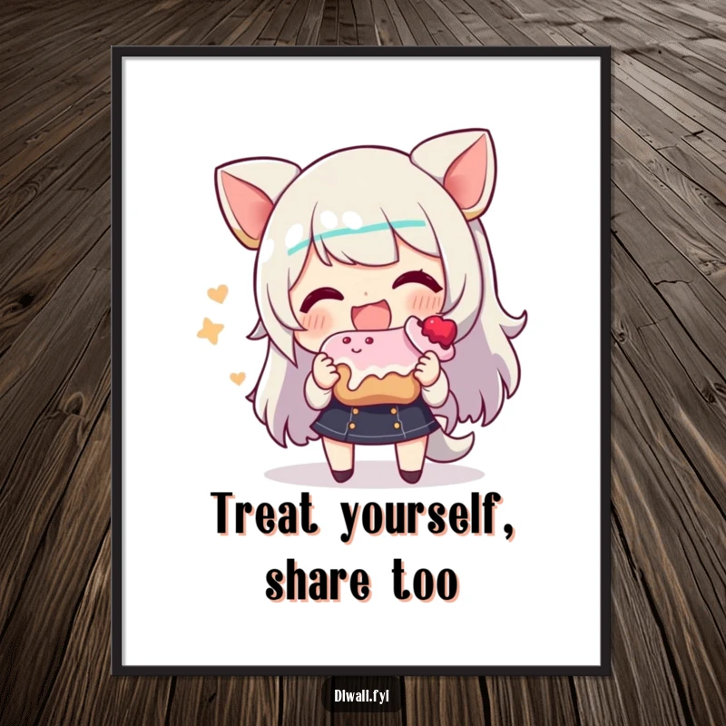 Funny digital art print of a character with a wide smile, offering a sweet treat, conveying warmth and generosity.