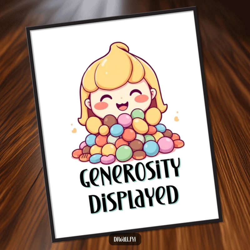 Funny digital art print of a happy character with a generous grin, offering a large pile of sweets.