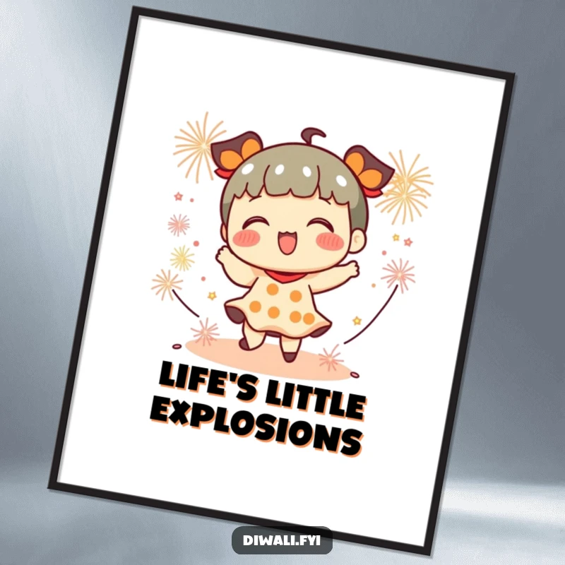 Funny digital art print of a playful character dancing with small firecrackers, creating a lively and celebratory visual.