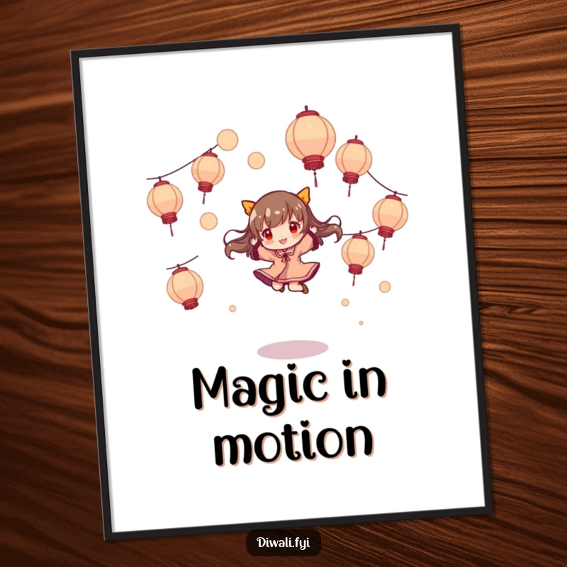 Funny digital art print, character playfully jumping and twirling, amidst floating lanterns, instant download for magical decor.