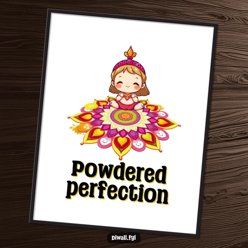 Funny rangoli digital art print of a delighted character decorating a colorful rangoli pattern with vibrant powder, perfect for festive decor.