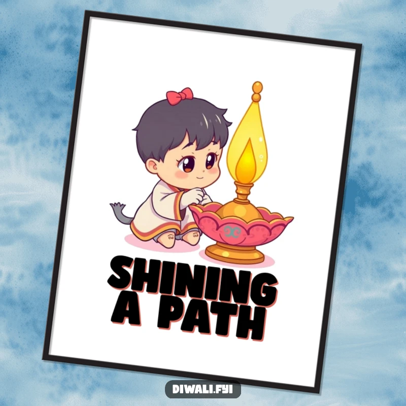 Funny digital art print of a curious character studying a beautifully decorated, brightly glowing diya lamp, ideal for festive walls.