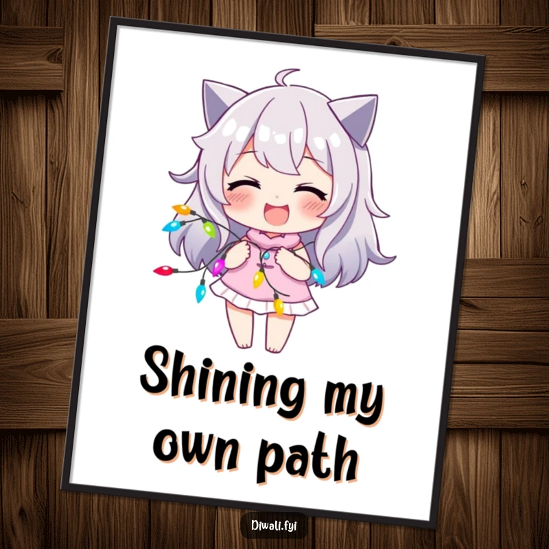 Funny digital art print of a character with a joyful smirk, playfully interacting with a string of bright, colorful lights.