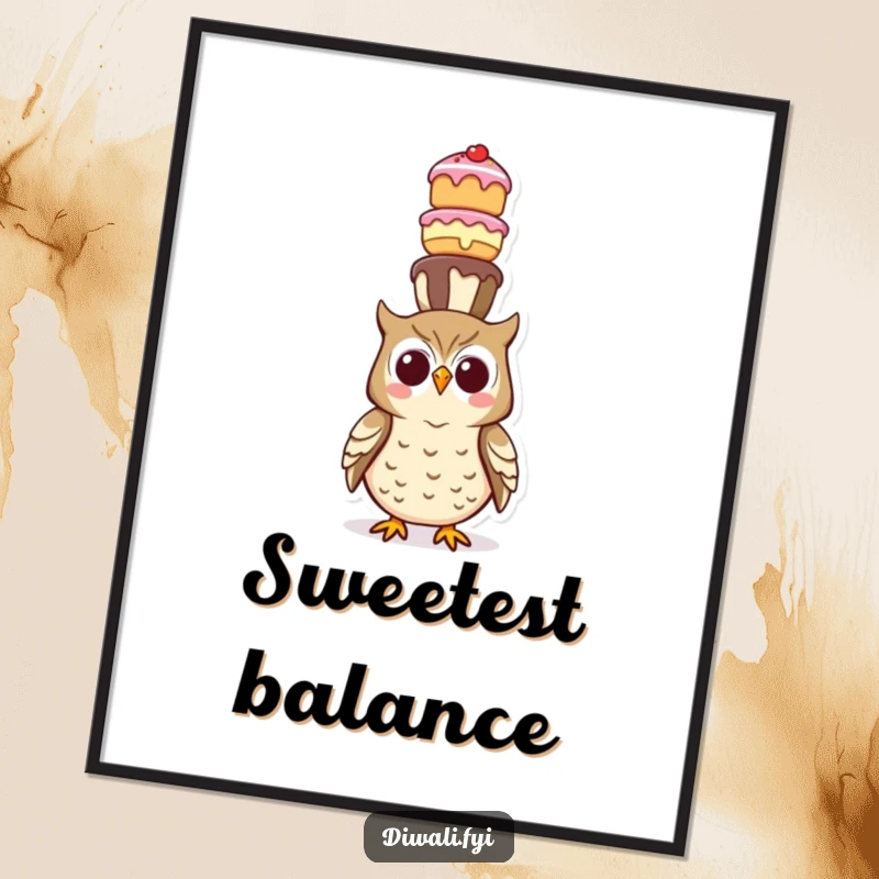 Funny digital art print of a happy owl balancing a large, teetering tower of assorted sweet treats on its head.