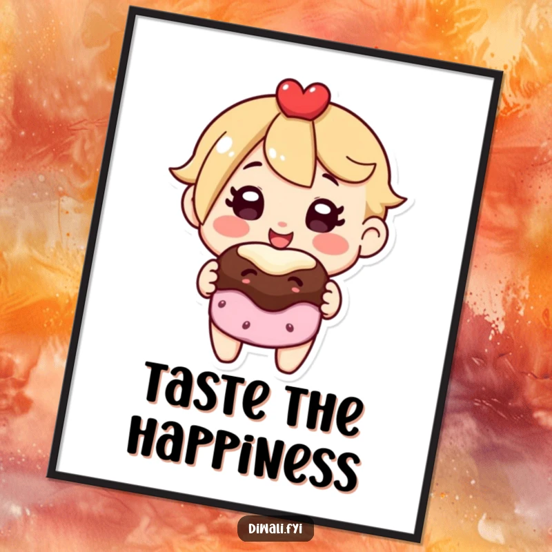 Funny digital art print of a character with a radiant smile offering a delicious sweet treat, bringing joy to any space.