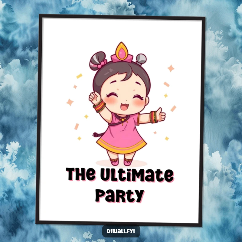 Funny digital art print of a small character wearing festive bangles and striking a confident, celebratory pose.