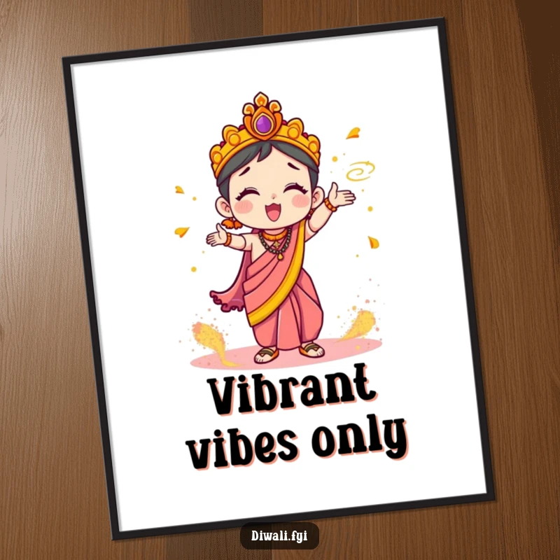 Funny Digital Art Print: Cute character in a festive sari enthusiastically tossing colorful Holi powder, capturing celebration.