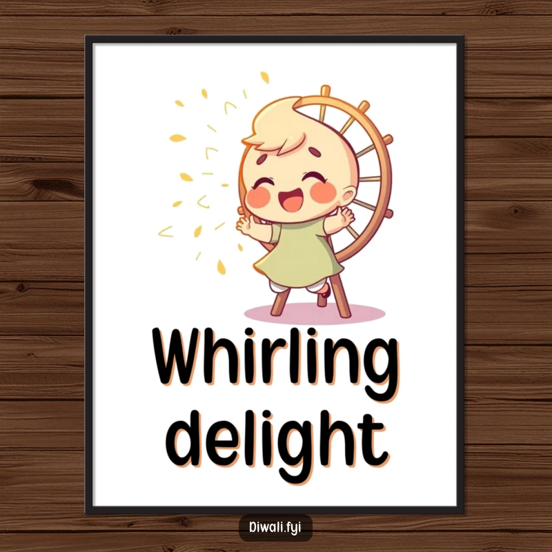 Funny digital art print of a giggling character playfully chasing sparks from a Catherine wheel, embodying joyful energy and the thrill of playful pursuit.
