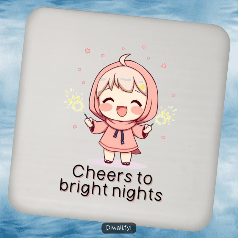 Funny drink coaster depicting a character happily holding sparklers, adding a bright and joyful accent to any tabletop setting.