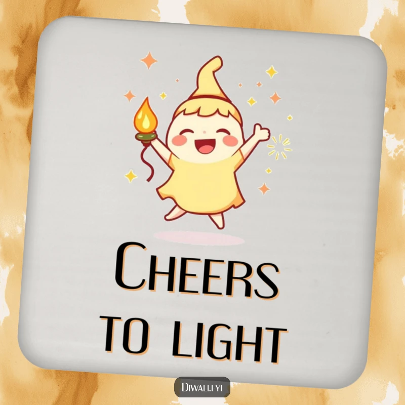 Funny Coaster: Joyous character with a lamp and sparks, dancing happily, perfect for tabletops.