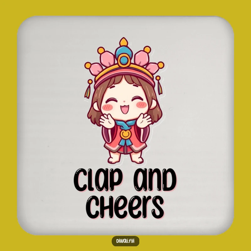 Funny Celebration Character Coaster: Protect surfaces with a happy character festive headdress clapping, a small funny gift.