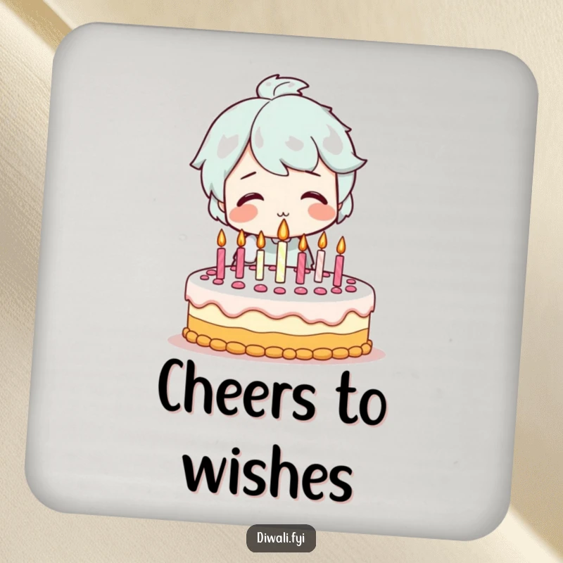 Funny drink coaster set depicting a smiling character blowing out candles on a festive birthday cake, providing surface protection with a humorous and celebratory theme.