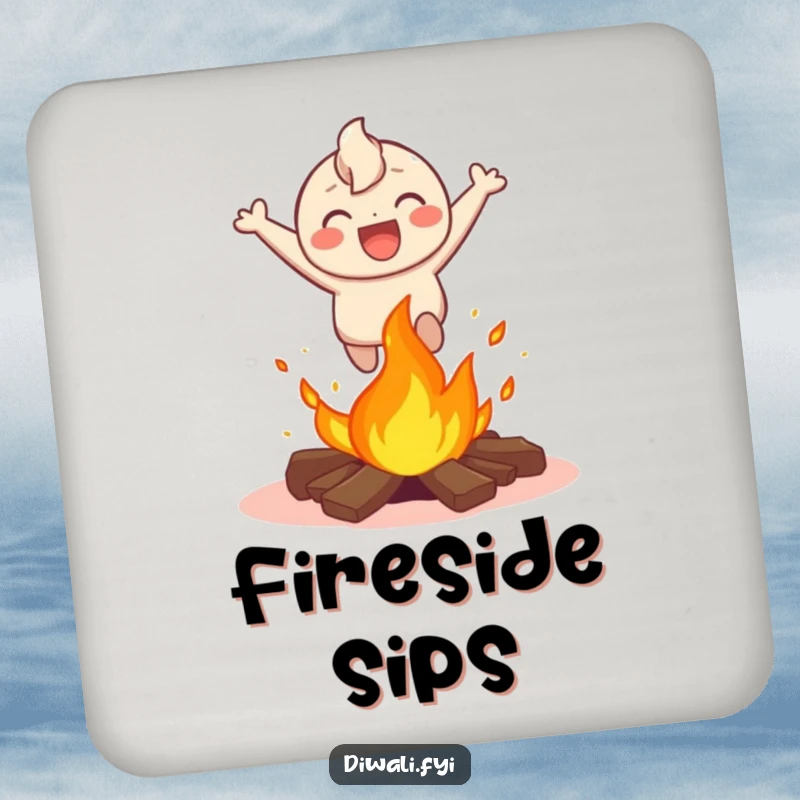 Funny drink coaster set showing a happy character leaping over a small bonfire, providing surface protection with a humorous and adventurous flair.