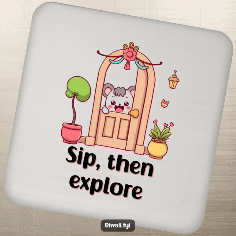 Funny Coasters: A curious character peeks with excitement around a decorated door, adding charm.