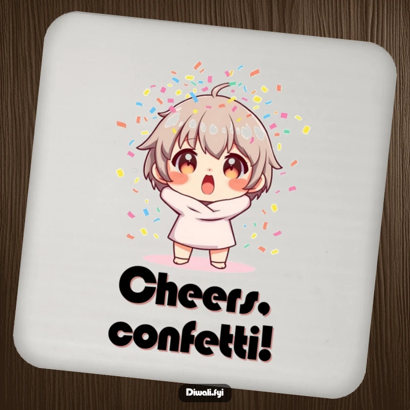 Funny drink coaster showing a surprised character amidst an explosion of colorful confetti, adding a festive touch.