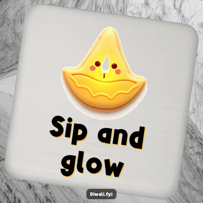 Funny coaster featuring a sugar cookie diya lamp character emitting a warm, soft light, protecting surfaces with charm.