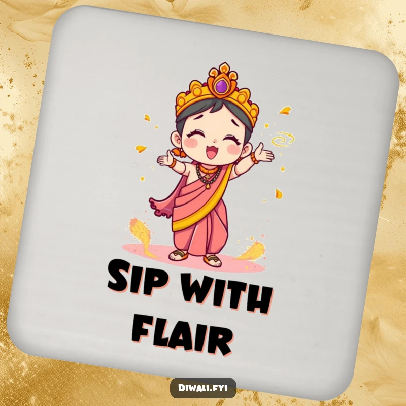 Funny Coaster: Cute character in a festive sari enthusiastically tossing colorful Holi powder, protecting surfaces with joy.