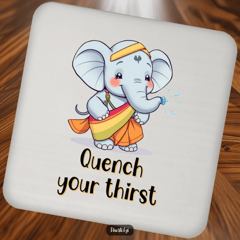 Funny drink coasters featuring a happy elephant in a colorful sari, playfully spraying water, adding whimsical charm and humor to surface protection.