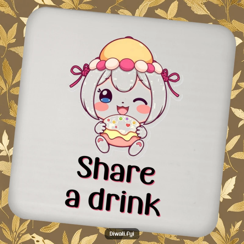 Funny festive sweet coaster featuring a cheerful character sharing a treat, protecting surfaces with charm.