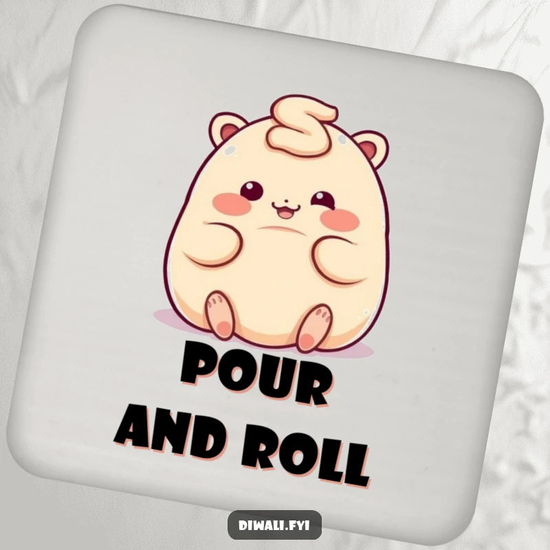Funny coaster featuring a plump, giggling ladoo character rolling playfully, protecting surfaces with charm.