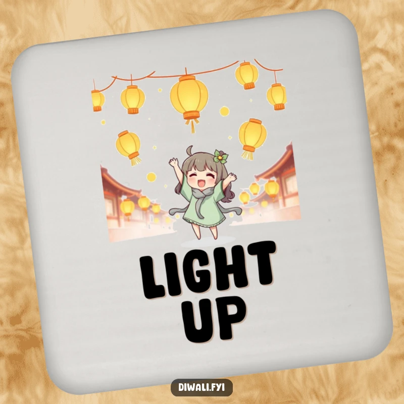 Funny lantern tossing coaster set, cute character joyfully tossing glowing lanterns, magical drink accessory, festive home gift.