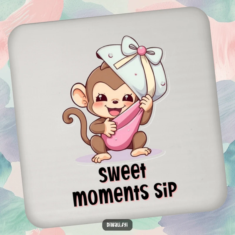 Funny drink coaster featuring a playful monkey unwrapping a large, shimmering sweet, perfect for adding fun to tabletops.