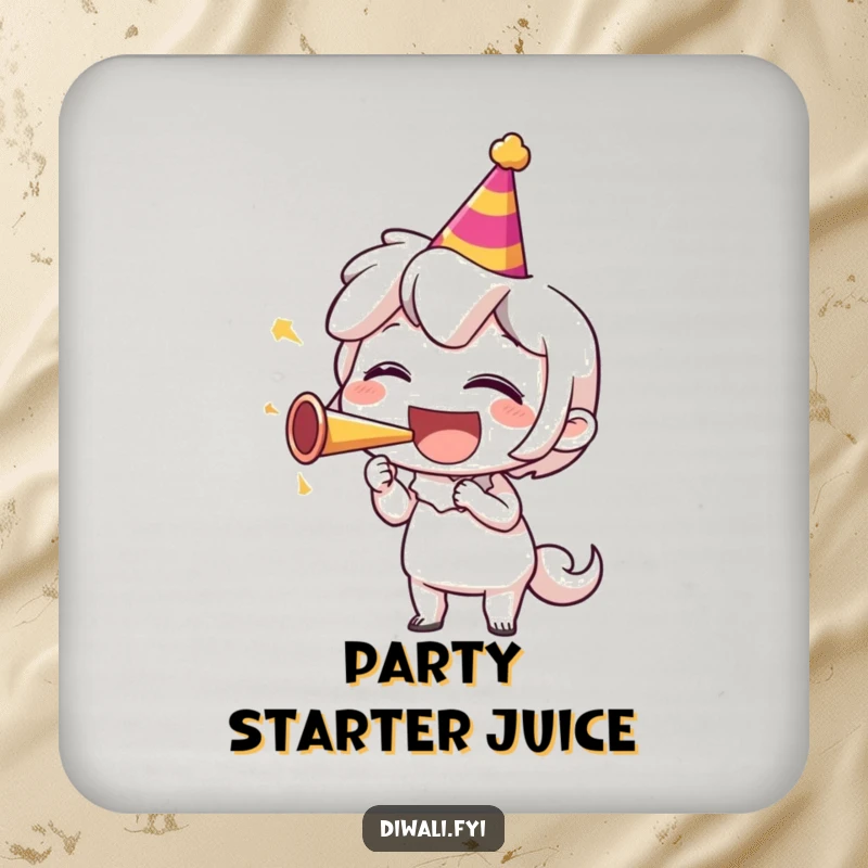 Funny drink coaster with a character laughing while blowing a party horn, adding a vibrant and humorous element to your beverage setup.