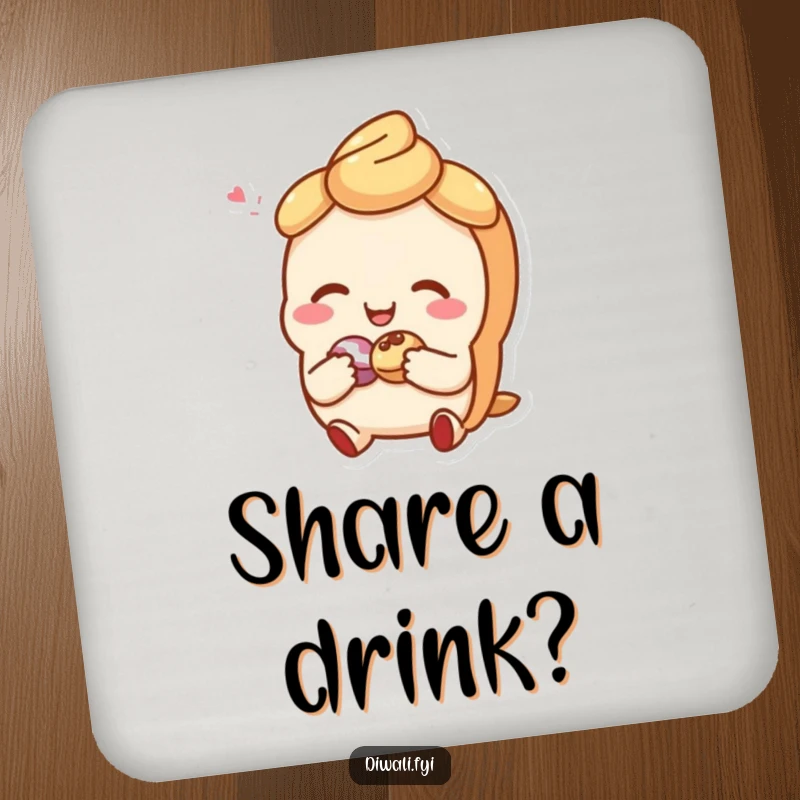 Funny drink coaster featuring a giggling sweet pastry character sharing a small treat, protecting surfaces with a cheerful design.