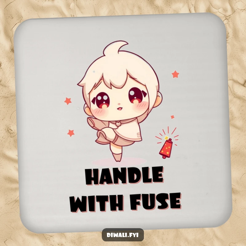 Funny drink coaster showing a wide-eyed character playfully kicking a small firecracker, adding a touch of excitement to your setup.