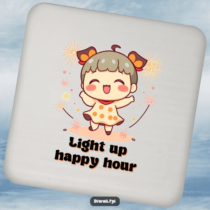 Funny drink coaster featuring a playful character dancing with small firecrackers, adding a festive and humorous touch.