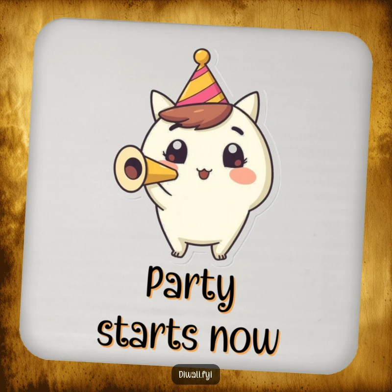 Funny Party Horn Coaster: A happy character blows a party horn with wide eyes, adding a festive and cheerful touch.