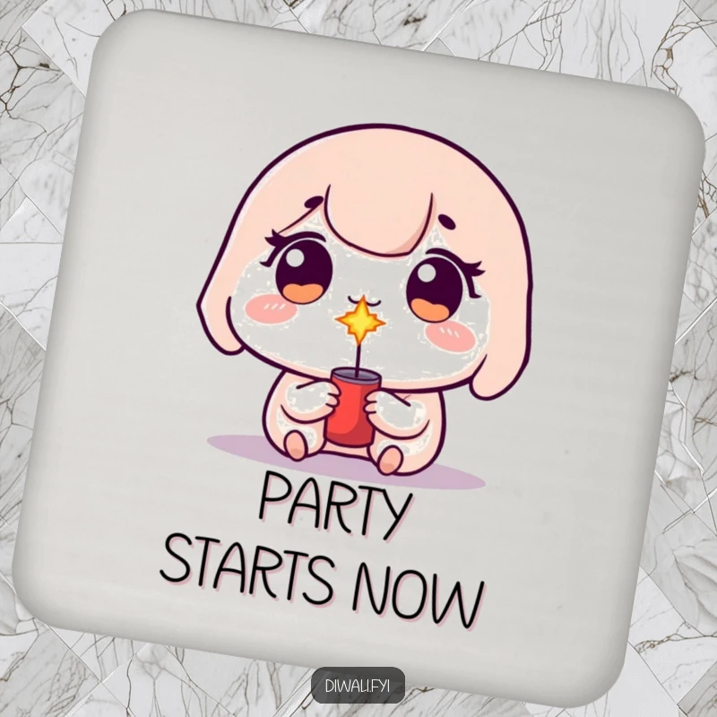 Funny kawaii character with sparkling eyes, holding a small firecracker, guarding a table.