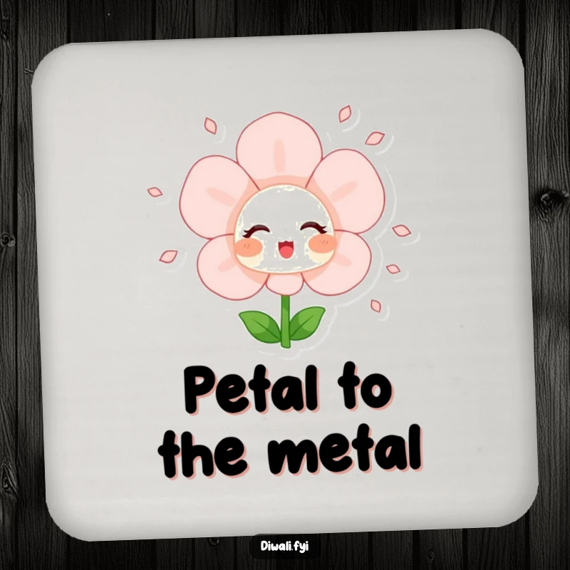 Funny drink coaster featuring a blushing flower character joyfully showering petals, protecting surfaces with a vibrant floral design.