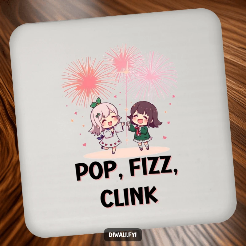 Funny drink coaster set depicting a cheerful character and friend watching fireworks, adding a humorous and protective element to any tabletop.