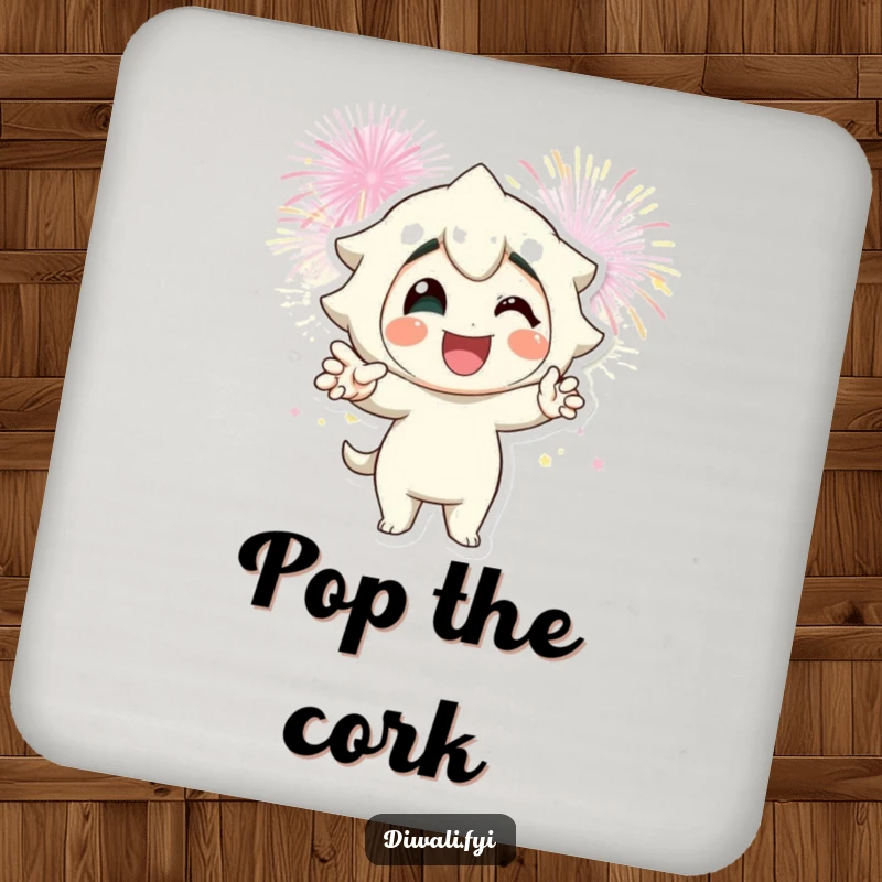 Funny fireworks pose coaster featuring a smiling character striking a pose against fireworks, protecting surfaces with flair.