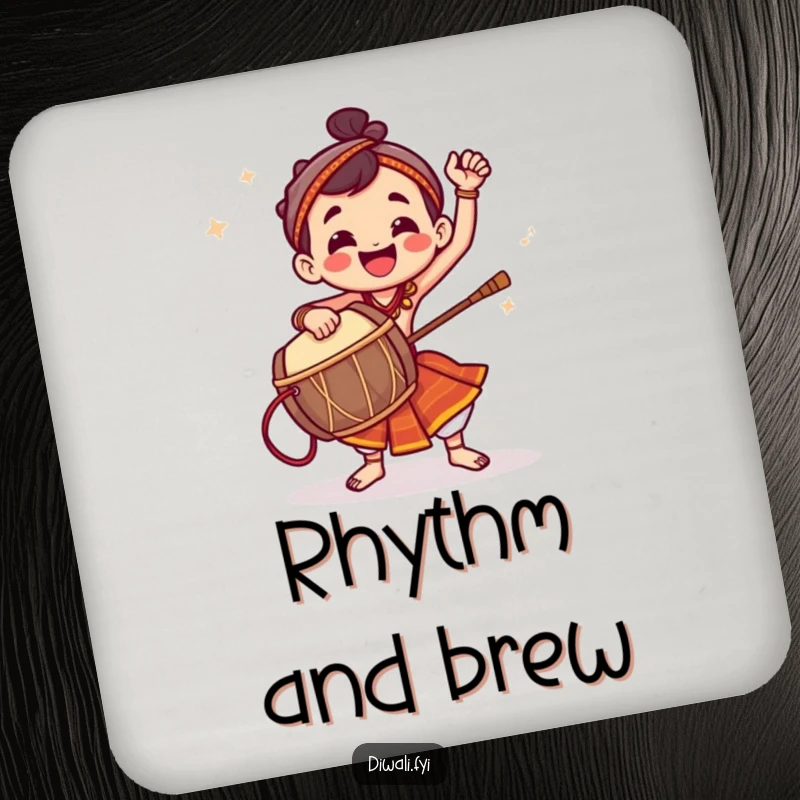 Funny drink coasters featuring a jubilant character energetically playing a dhol drum, perfect for music lovers.