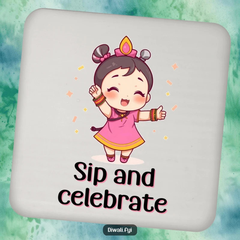 Funny drink coaster with a small character adorned in festive bangles, striking a celebratory pose, adding charm.