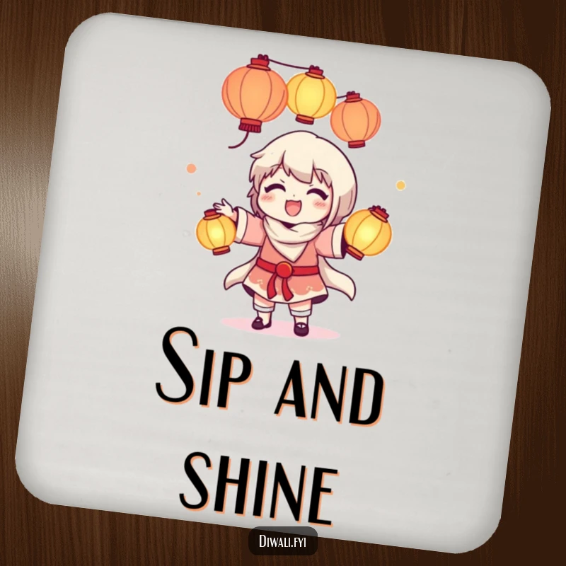Funny drink coaster featuring a delighted character juggling glowing lanterns, adding a magical and humorous touch to any setting.
