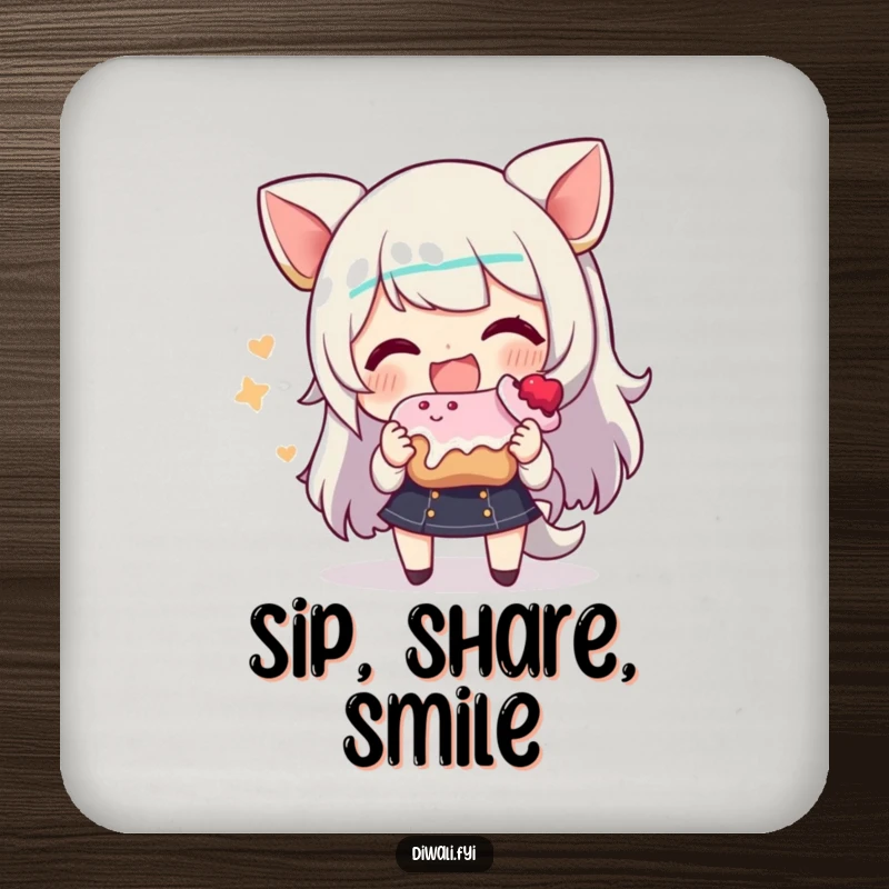 Funny drink coaster with a happy character offering a delectable sweet treat, adding a touch of visual sweetness.