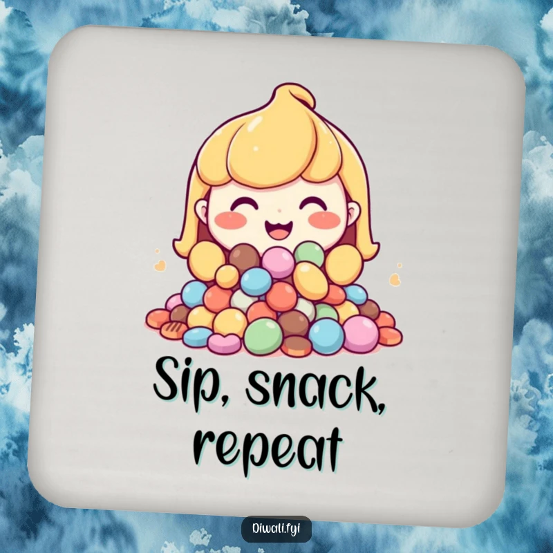 Funny drink coasters with a happy character, generous grin, offering a mound of sweets.