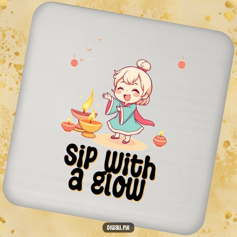 Funny character giggling while dancing near a beautifully lit diya, protecting surfaces with festive grace.