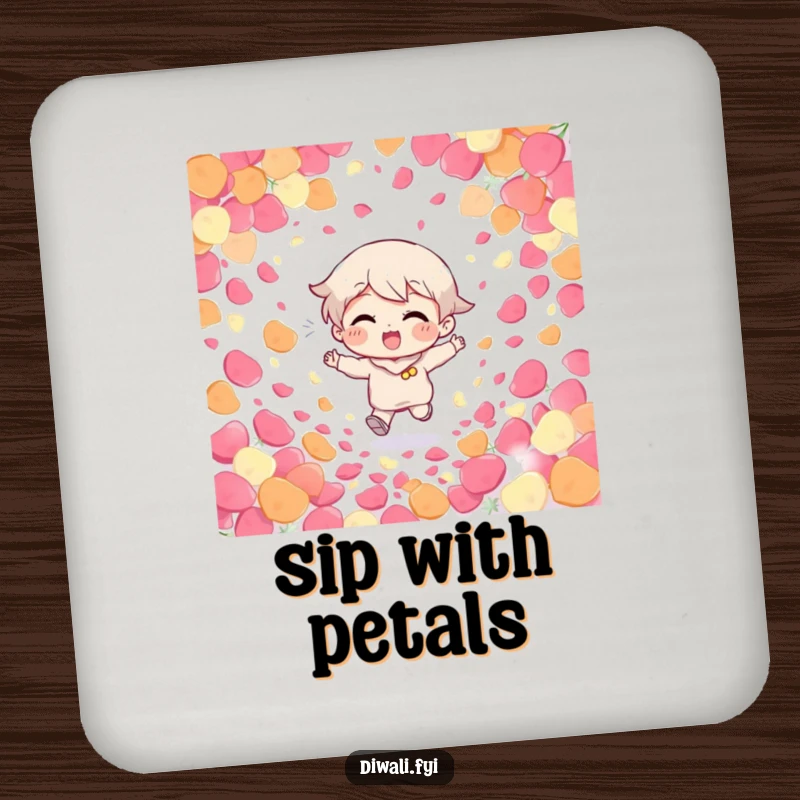 Funny Giggling Character Coaster: A character giggles while running through colorful petals, a humorous coaster for drinks.