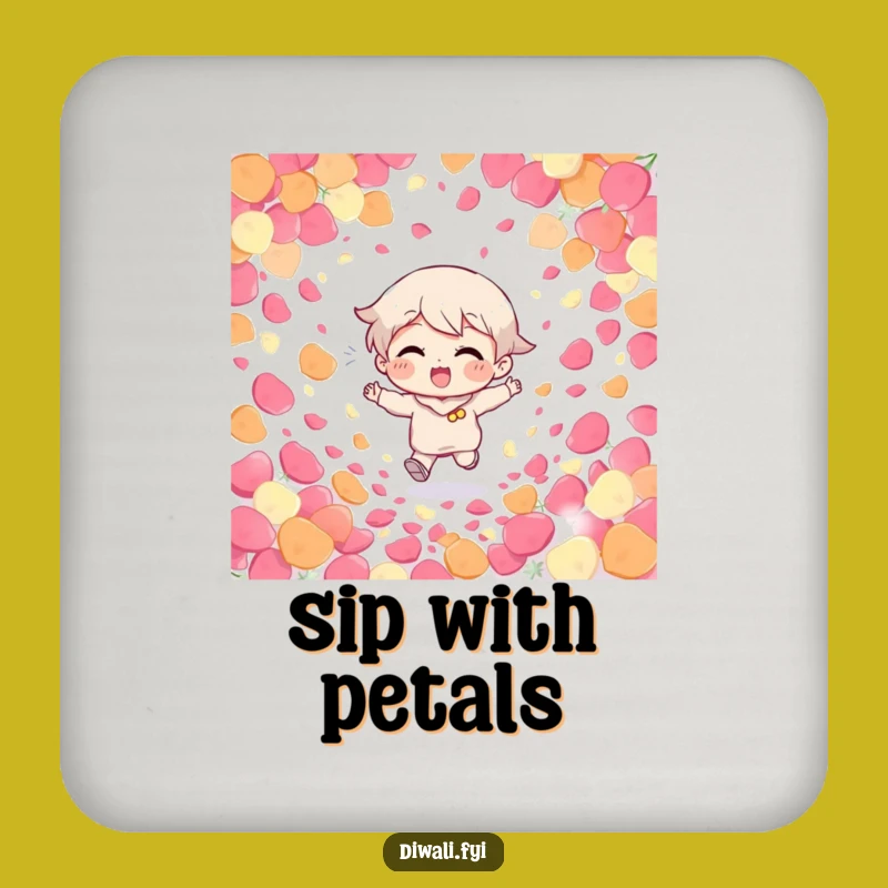 Funny Giggling Character Petal Coaster: Protect surfaces with a giggling character running through petals, a small funny gift.