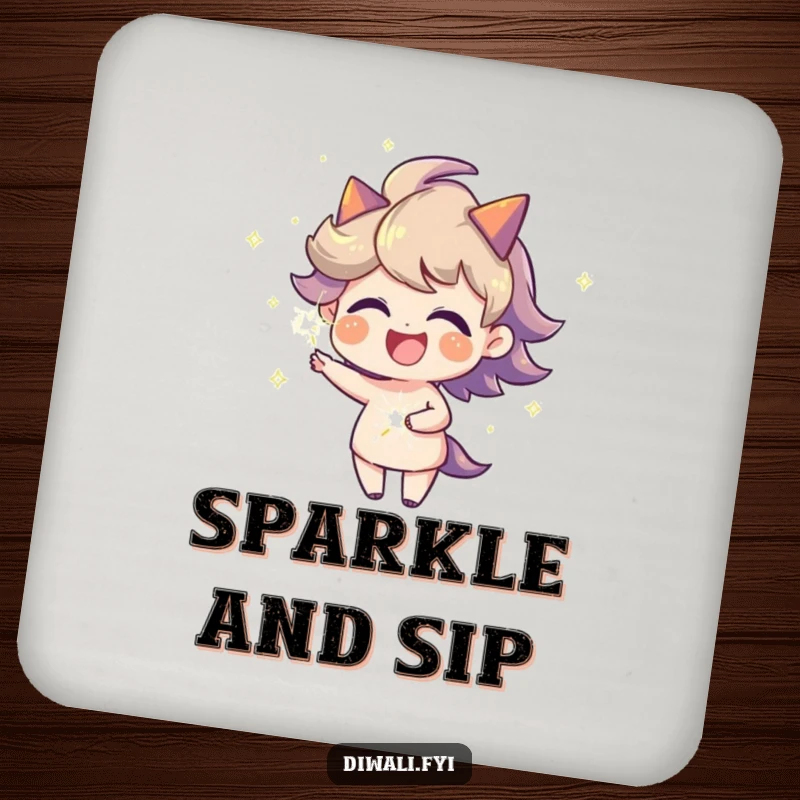 Funny joyful character with a fiery aura spinning a sparkler on drink coasters, protecting furniture with festive, humorous flair.