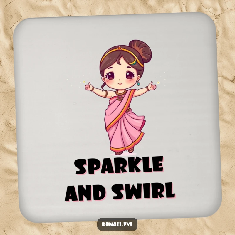 Funny drink coasters featuring a cute character in a sari, dancing with sparklers, adding festive charm.