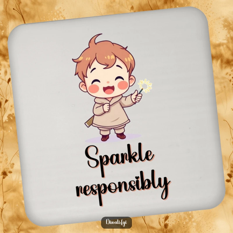 Funny drink coaster featuring a delighted child character holding a sparkler torch, protecting surfaces with a magical and joyful design.