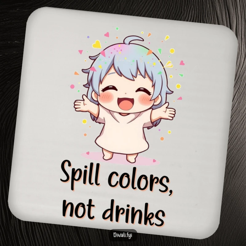 Funny Powder Scatterer Coaster: Coaster featuring a character joyfully scattering colorful powder. Perfect funny gift.