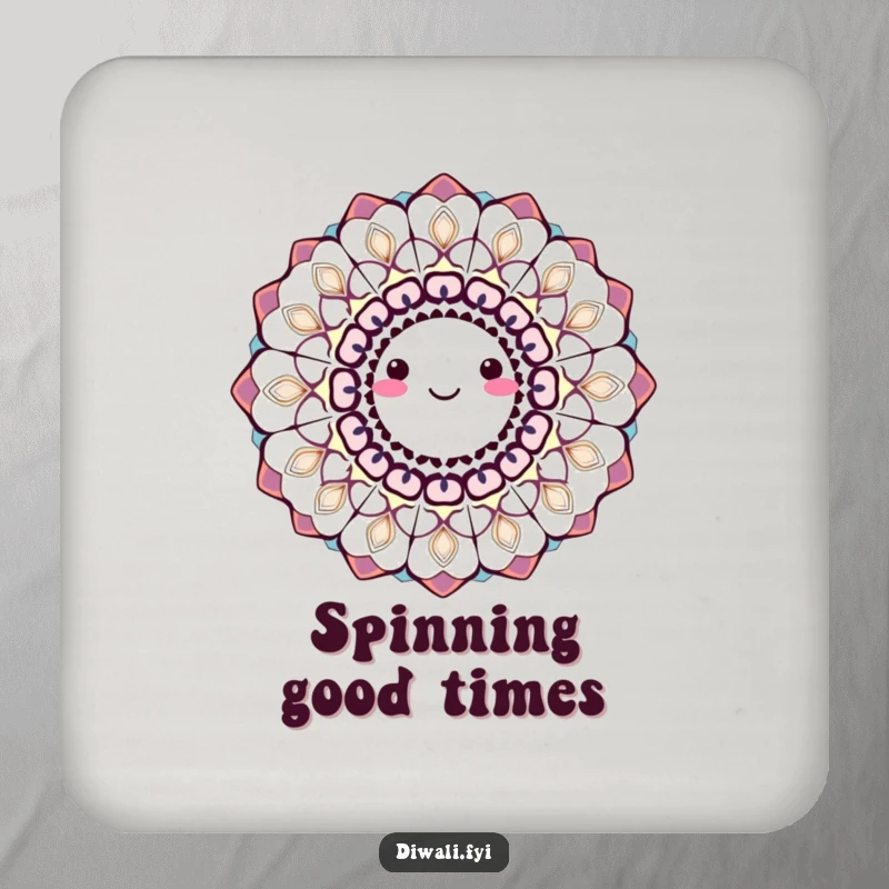 A smiling, spinning rangoli pattern in bright colors, humorously protecting a drink surface with artistic flair.